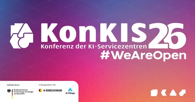 KonKIS26 — Konferenz der KI-Servicezentren, Key Visual mit Schriftzug #WeAreOpen auf violett-pinkem Farbverlauf